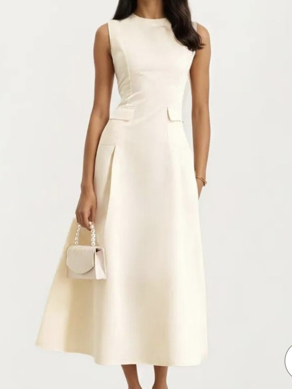 Anne-kaci Elegant Cream Sleeveless With Tailored Seaming A-Line Midi Dress